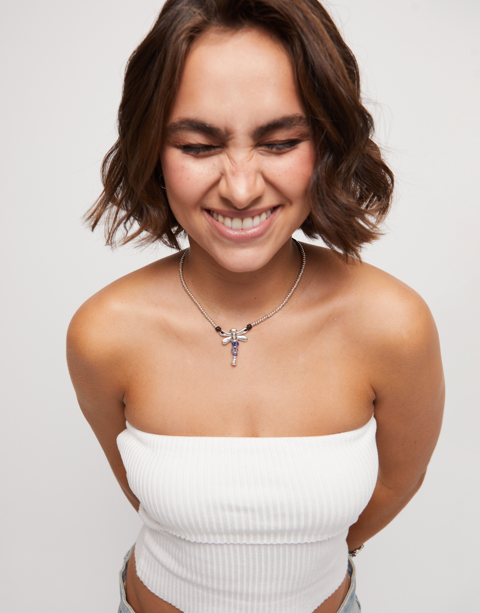 Collana corta placcata argento sterling con libellula e cristalli artigianali blu, Argent, large thumbnail